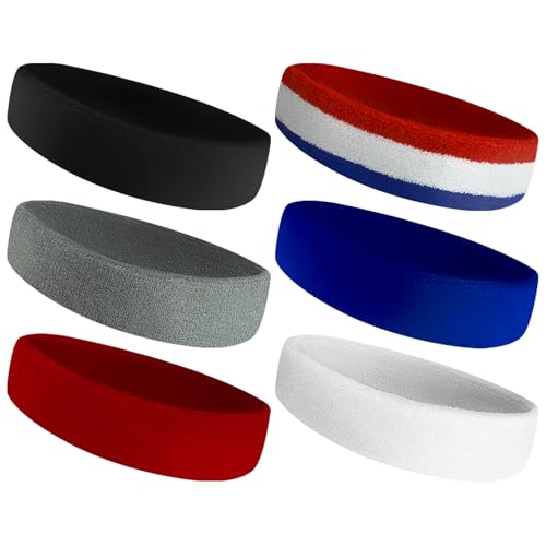 6-Pack Sweatbands Sports Headband for Men & Women - Moisture-Wicking Terry Cloth Headbands for Running, Basketball, Tennis, Gym & Workout - Non-Slip Sports Sweat Bands for Long Hair & Intense Training