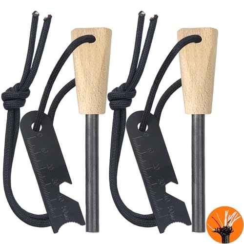 Fire Starter (2 Packs), All-Weather Magnesium Ferro Rod for Camping and Hiking, Emergency Survival Kits with Waxed Fire Tinder Paracord (28inch)&Beech/Pine Handle&&6-in-1 Multi-Tool
