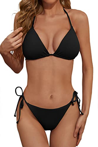 Women’s Ribbed Halter Triangle Bikini Set - Small Black