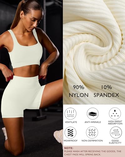Seamless Ribbed High Waist Workout Set for Women Summer with Sports Bra - Beige / Medium