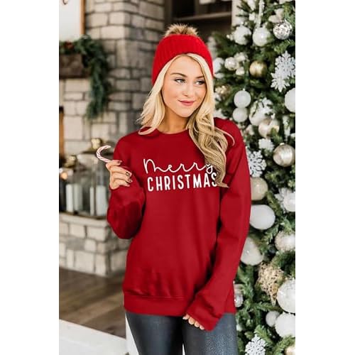 Merry Christmas Sweatshirts Women Classic Merry Letter Print Sweatshirts Xmas Holiday Party Pullover Blouse
