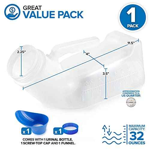 Unisex Urinal Bottle (1 Pack) - Portable Urinal for Women & Men - Female Urinal with Lid - 32 Oz Female Urination Device - Women Pee Funnel Cup for Emergency, Travel, Car & Camping - Stock Your Home