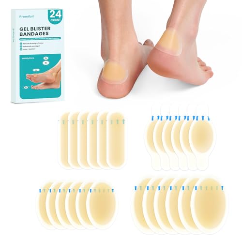 Hydrocolloid Gel Blister Bandages Pads - Promifun Waterproof Adhesive Blisters Bandages - Blister Pads for Heel, Foot, Toe, Feet - Gel Blister Chshions for Prevention & Recovery (24ct, Variety Pack)