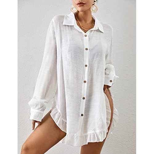 Bsubseach Long Sleeve Swimsuit Coverup for Women Button Down Bathing Suit Cover Up Shirt Casual Beach Dress Black S