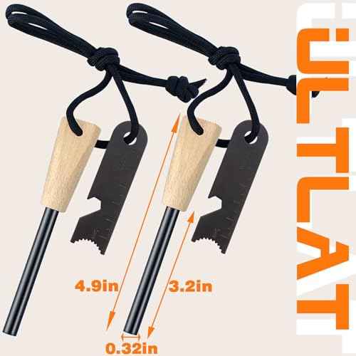 Fire Starter (2 Packs), All-Weather Magnesium Ferro Rod for Camping and Hiking, Emergency Survival Kits with Waxed Fire Tinder Paracord (28inch)&Beech/Pine Handle&&6-in-1 Multi-Tool