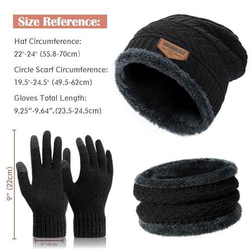 Winter Hat Beanie Scarf Touchscreen Gloves Set for Men/Women, Skull Cap Gloves Neck Warmer Set with Fleece Lined