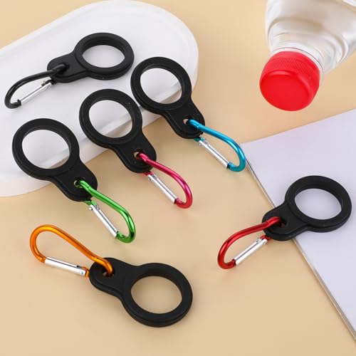 Bewudy 6 Pcs Black Water Bottle Clip, Silicone Water Bottle Carrier with 6 Pieces Keychain Clip Key Ring Clip, Water Bottle Holder Buckle for Outdoor Activities or Daily Use