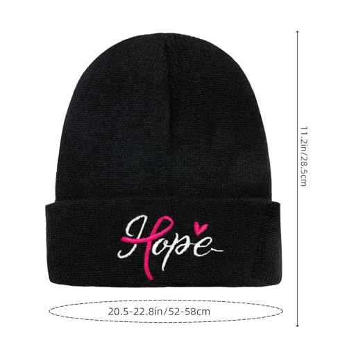 Waldeal Breast Cancer Awareness Beanie Hat for Women, Knit Cuffed Embroidered Pink Ribbon Warm Winter Cap, Black
