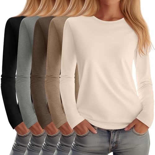 Huukeay Women's Crew Neck Long Sleeve Shirts - 5 Pack, Black Gray Brown Cream Large