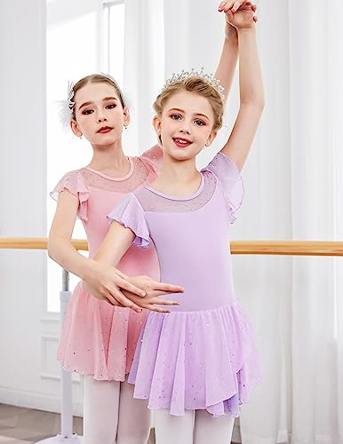 Girls Ballet Leotard with Ruffle Sleeves and Sparkle Details - Light Purple, 8-9 Years