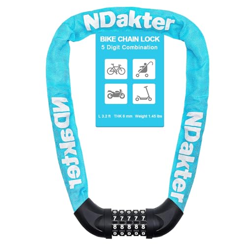 NDakter Bike Chain Lock 5-Digit Combination Heavy Duty Anti-Theft with Sky Blue 3.2 Ft