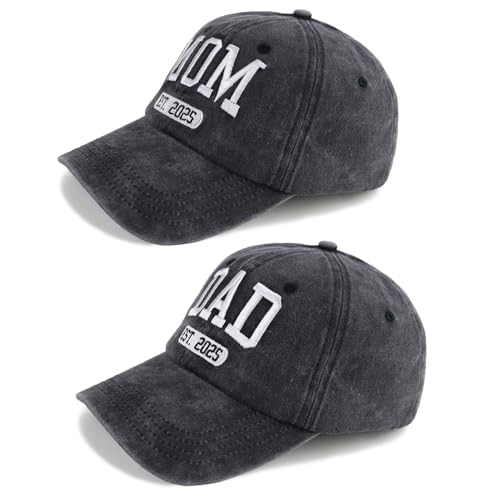 2PCS Est 2025 Mom and Dad Hats for New Parents Gifts, Adjustable Embroidered Baseball Caps Set for Mothers Fathers Day