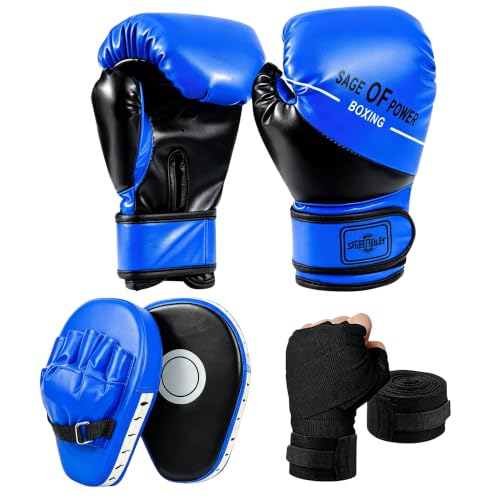 Kids Blue Boxing Gloves and Punching Mitts Set with Hand Wraps - 3-in-1 Martial Arts Gear