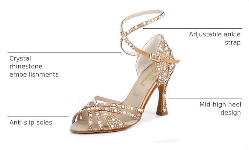 Women's Sparkly Crystal Latin Dance Heels - 7.5 Tan, 2.95in Heel, Adjustable Ankle Clasp