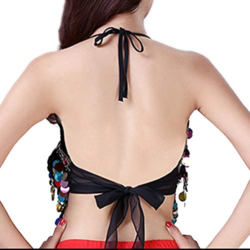 Sequin Halter Bra Top for Belly Dance Festival Boho Clubwear - Black with Colorful Beads