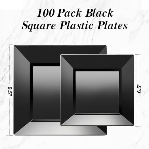 Black Square Plastic Plates Set 100 Pack - 9.5" & 6.5" Disposable Dinnerware