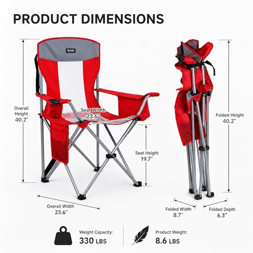 Byliable Oversized Folding Camping Chair with 330LBS Capacity - Red, Mesh Backrest