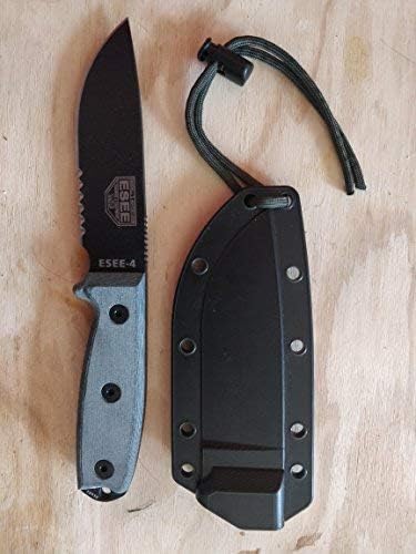 ESEE 4P Survival Knife - Field Tested Fixed Blade Knife with Molded Polymer Sheath & Clip Plate, Full Tang, Plain Edge - Durable Outdoor Camping Blade with Sheath for Survival