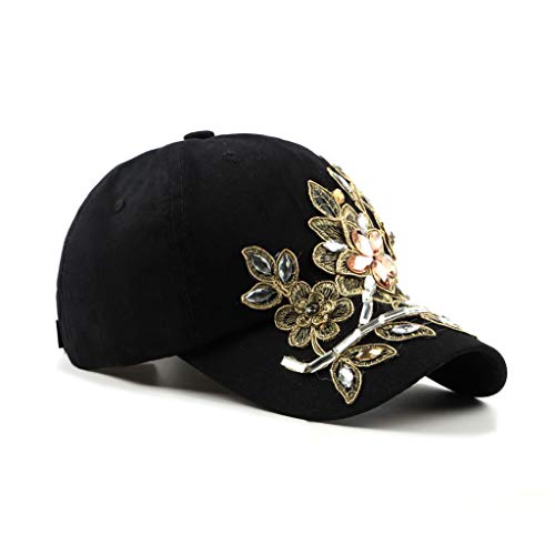 Women’s Rhinestone Baseball Cap Sun Hat with Flower Embellishments - Adjustable Denim, Black, 6 3/4-7 1/2