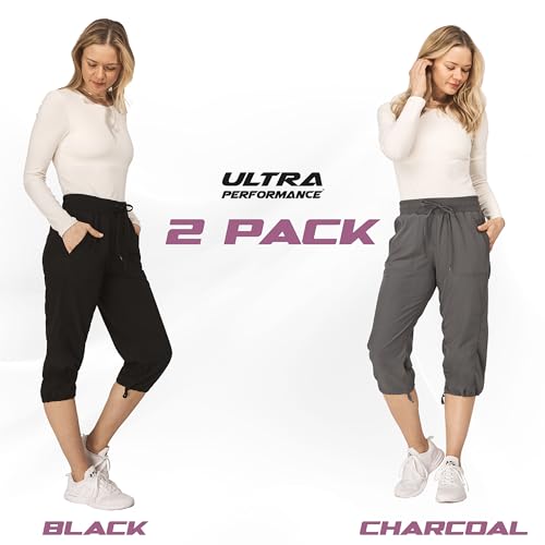 Ultra Performance Women's 2-Pack Capri Pants for Hiking & Casual - Large Black & Charcoal
