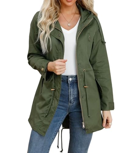 Women's Lightweight Utility Anorak Jacket with Drawstring Waist - Green, Medium