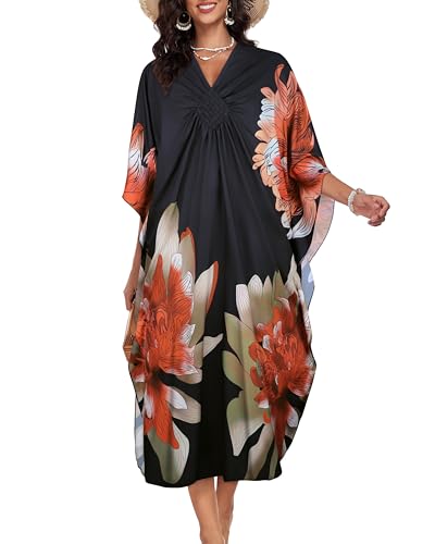 Kaftan Dresses for Women V Neck Caftans Batwing Sleeve Beach Cover Ups - Orange Green Floral