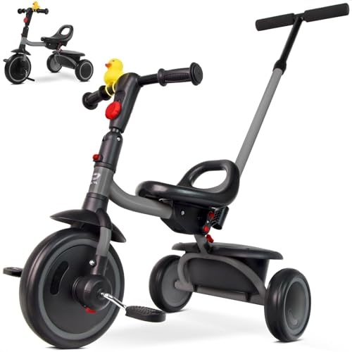 RIDYEE Foldable Toddler Tricycle with Push Handle - Grey