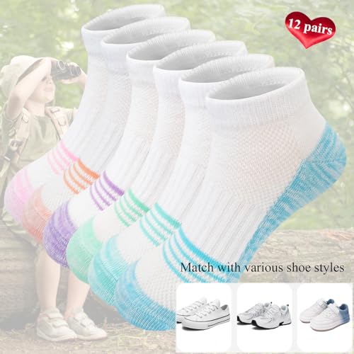 Girls Socks 12 Pairs Ankle Athletic Socks for Running & Sports – White, 6 Colors, 7-10 Years