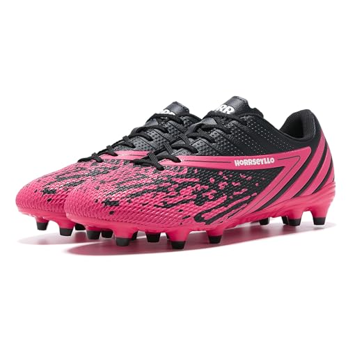Soccer Cleats for Men and Women - Professional Football Shoes Outdoor Lightweight Firm Ground - Black & Rose Red, Sizes 6 & 7