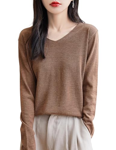 Women's Merino Wool Base Layer Shirt Long Sleeve V-Neck Travel Hiking Top - Caramel Large