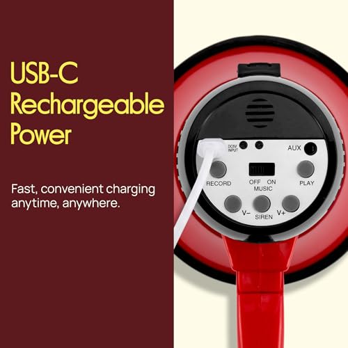 Pyle Rechargeable Bullhorn Megaphone with Voice Recording, AUX, Siren - Deep Red