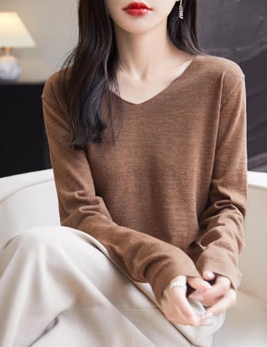 Women's Merino Wool Base Layer Shirt Long Sleeve V-Neck Travel Hiking Top - Caramel Large