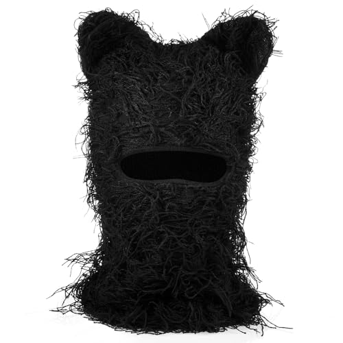 Newcotte Black Distressed Balaclava Ski Mask with Cat Ear Knitted Beanie Y2k Full Face Mask Furry Cap Windproof Winter Hat Neck Warmer for Men Women