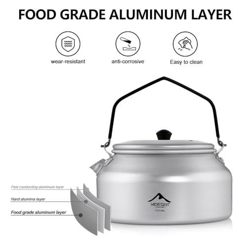 Widesea UltraLight 1L Camping Kettle, Hard-Anodized Aluminum Open Flame Safe Tea & Coffee Pot with Heat-Resistant Handle, Portable for Campfire, Backpacking, Hiking, and Outdoor Adventures
