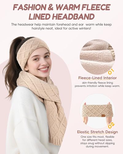 Oatmeal Womens Winter Hat Gloves Scarf Headband Set - 4 in 1 Warm Gift