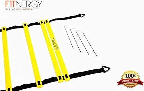 Speed and Agility Ladder Training Equipment Yellow 12 Rung Ladder Free Carrying Bag + 10 Speed Cones (5 Orange + 5 Yellow) + 4 Pegs & D-Rings Soccer Football