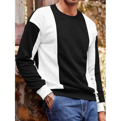 Runcati Mens Color Block Sweatshirt Pullover Crewneck Long Sleeve Fleece Casual Ribbed Patchwork Fall Tops