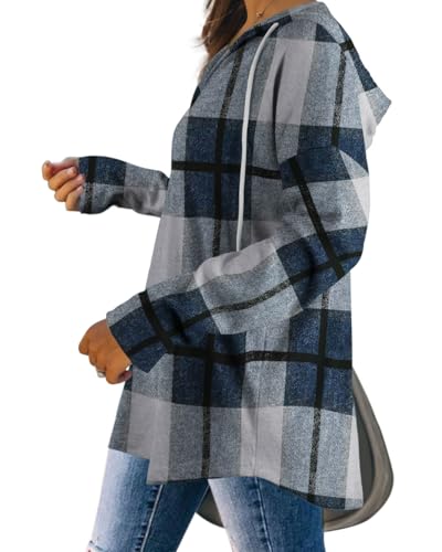 Plaid Blue Oversized Hoodie for Women - Long Sleeve Loose Fit Pullover