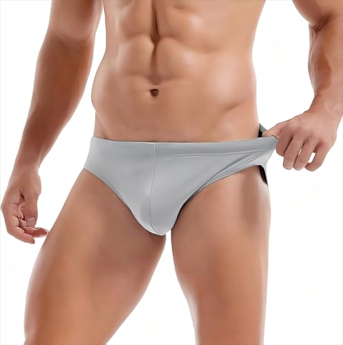 Men's Quick Dry Swim Briefs with Drawstring - Large Gray