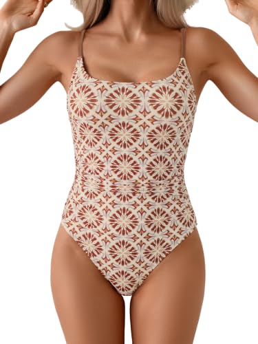 Aidonger Women’s One Piece Swimsuit Tummy Control Bathing Suit with Tie Back - Medium Brown Printed