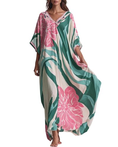 Women’s Lightweight Floral Print Kaftan Dress Swim Coverup - Green Stripe