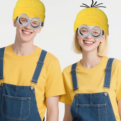 3 Pcs Halloween Costume Accessories Adult, Vintage Goggoles Eyewear Glasses/Yellow Beanie Knit Hat/Black Gloves for Kids Men Women Cosplay Party Set