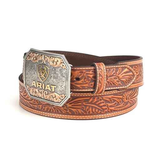 ARIAT Men's Raised Logo Floral Embossed Tapered Leather Belt