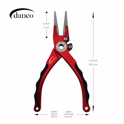 danco Prodigy 7.5-inch Fishing Pliers with Replaceable Line Cutters, Aircraft Grade Aluminum Fishing Gear, Saltwater Resistant Fishing Needle Nose Pliers, Rubber Grip Inserts (red)