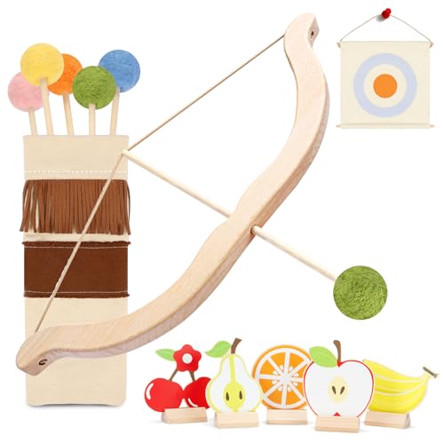 Kids Wooden Bow and Arrow Set with Felt Arrows and Targets - Safe Indoor Outdoor Toy for Children 3+