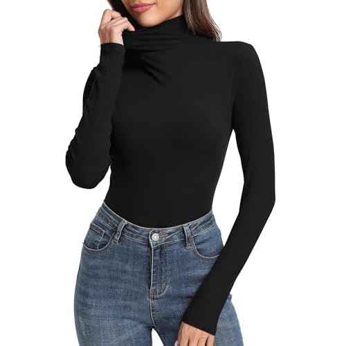 PALINDA Women's Ribbed Turtleneck Fitted Long Sleeve Shirts Basic Thermal Layering Tops