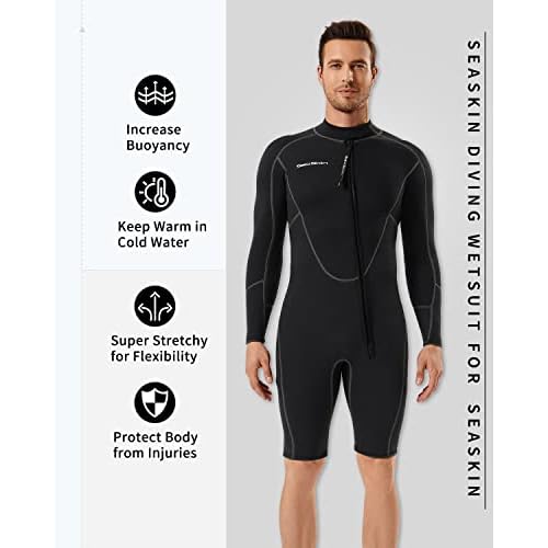Seaskin Long Sleeve Shorty Wetsuit Mens 3mm Neoprene Diving Suits Front Zip