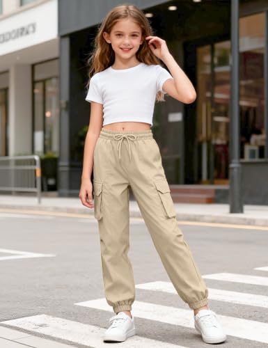 Kids Girls Cargo Pants Waterproof Joggers for Teen Girls - Khaki, 11-12 Years