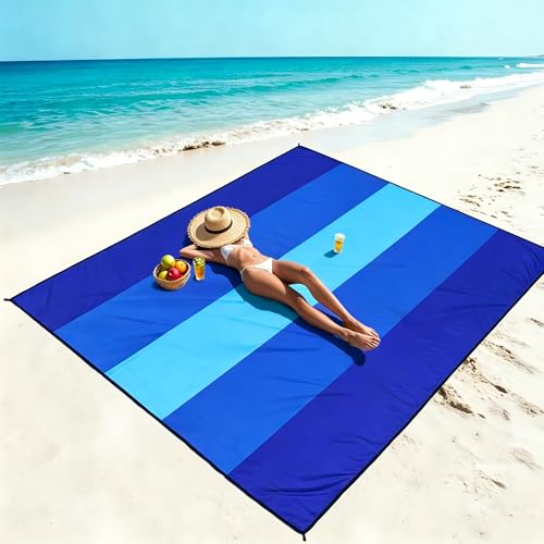 Blue Beach Blanket 120x108 Inches Sandproof Waterproof Quick Dry Outdoor Picnic Mat for 2-8 Adults