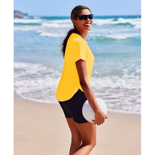 PINSPARK Workout Tops for Women UPF 50+ Yoga Shirts Short Sleeve Athletic Tops with Side Slits Running Gym Tee Top Loose Fit